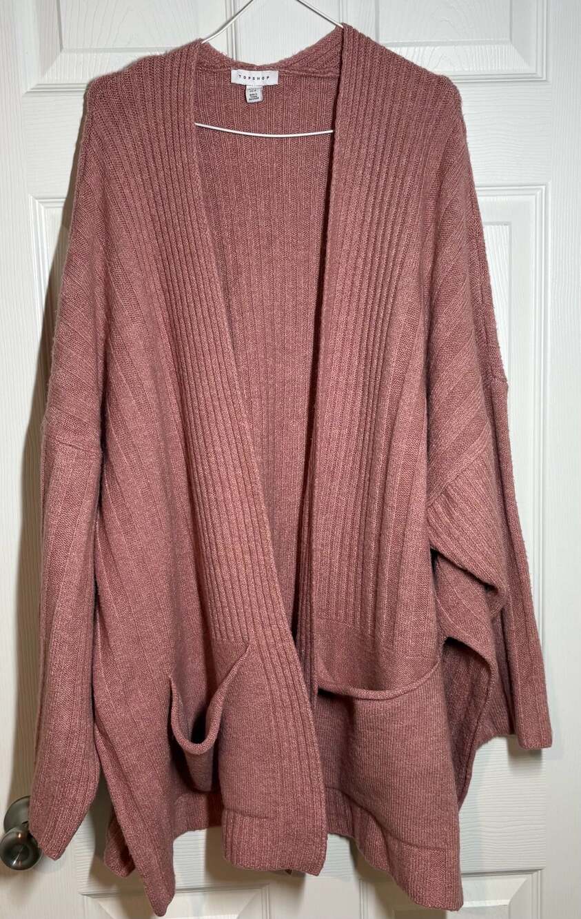 Topshop Long Rose Pink Open Front Ribbed Cardigan Sweater US 12 UK L